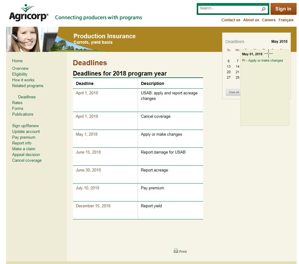 screen shot of Production Insurance deadline page on agricorp.com