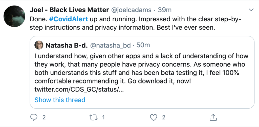 Quote tweet from @joelcadams includes this bit: Impressed with the clear step-by-step instructions and privacy information. Best I've ever seen."