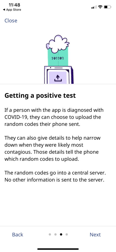 Third "how it works" screen: "Getting a positive test"