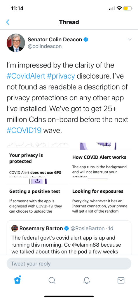 Quote tweet from Senator @colindeacon, which includes this bit: "I'm impressed by the clarity of the #CovidAlert #privacy disclosure. I've not found as readable a description of privacy protections on any other app I've installed."
