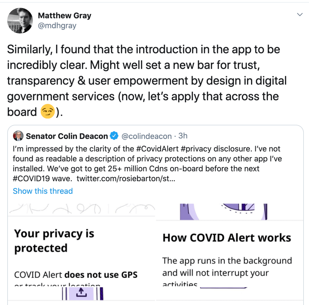 Quote tweet from @mdhgray: "Similarly, I found that the introduction in the app to be incredibly clear. Might well set a new bar for trust, transparency & user empowerment by design in digital government services (now, let's apply that across the board *skeptical emoji*).