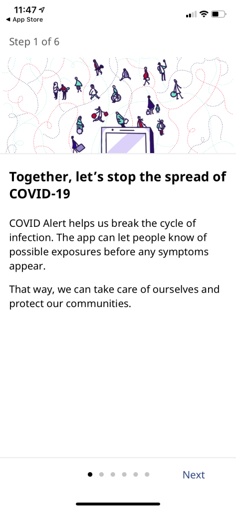 COVID Alert first onboarding screen: "Together, let's stop the spread of COVID-19"