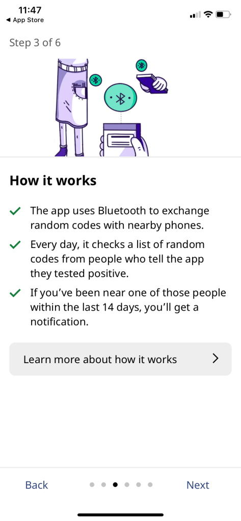 Third onboarding screen: "How it works" summary with link to more details about how it works