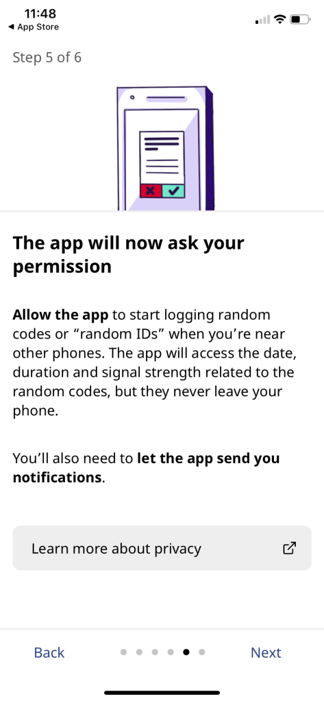 Final onboarding screen: "The app will now ask your permission. This screen needed to bridge people between app terms and operating system terms.