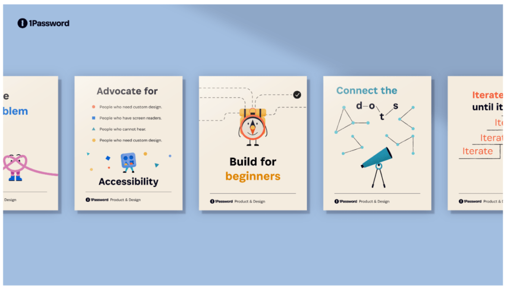 Zoom background with a light blue wall on which are displayed 5 posters, one for each principle: Embrace the problem, advocate for accessibility, build for beginners, connect the dots, and iterate until it's great. The first and fifth posters are cut off by the frame.