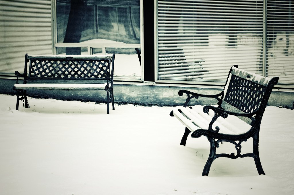 Two wrought-iron benches covered in snow