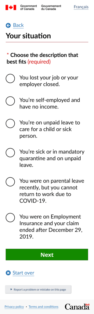 Screen shot of the tool. It asks people to choose the description that best fits their situation. Options include your lost your job or your employer closed, you're self-employed and have no income, you're on unpaid leave to care for a child or sick person.