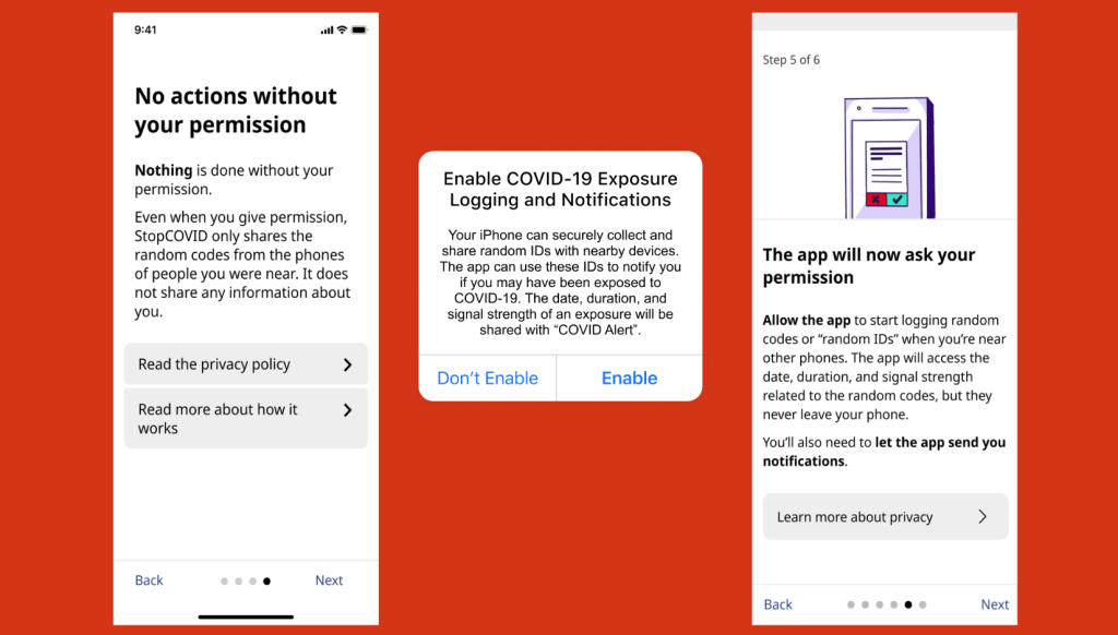 First screen shot is the final screen before the permission screen from the OS. It talks about how nothing is done without permission. Second screen shows the OS permission screen, which we couldn't change. Third screen shows the final screen at launch, which now prepares the user to say yes to the permission.