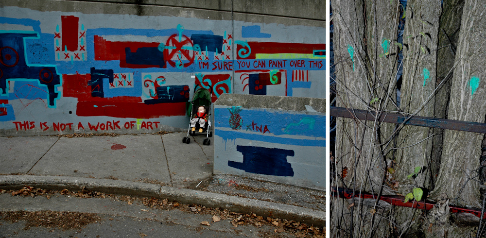 Cover image from Two-Powered. The image is a diptych. On the left is a baby in a stroller in front of a wall covered in a blue and red graffiti. Graffiti says This is not a work of art. On the right is a tree with 4 trunks, each with a green spraypainted spot. The trunks have grown into and around a metal railing.